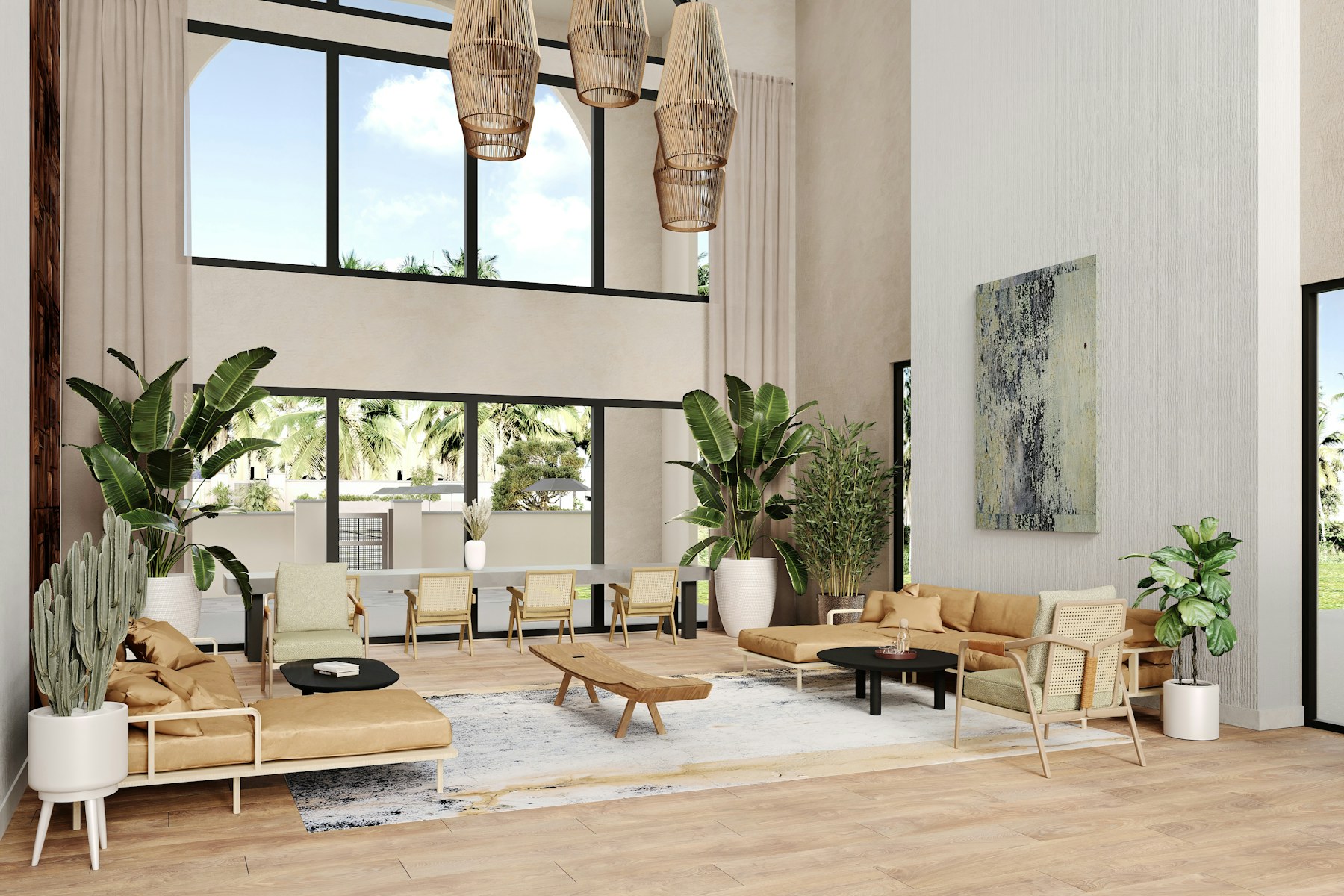 Interior amplo com materiais naturais e plantas